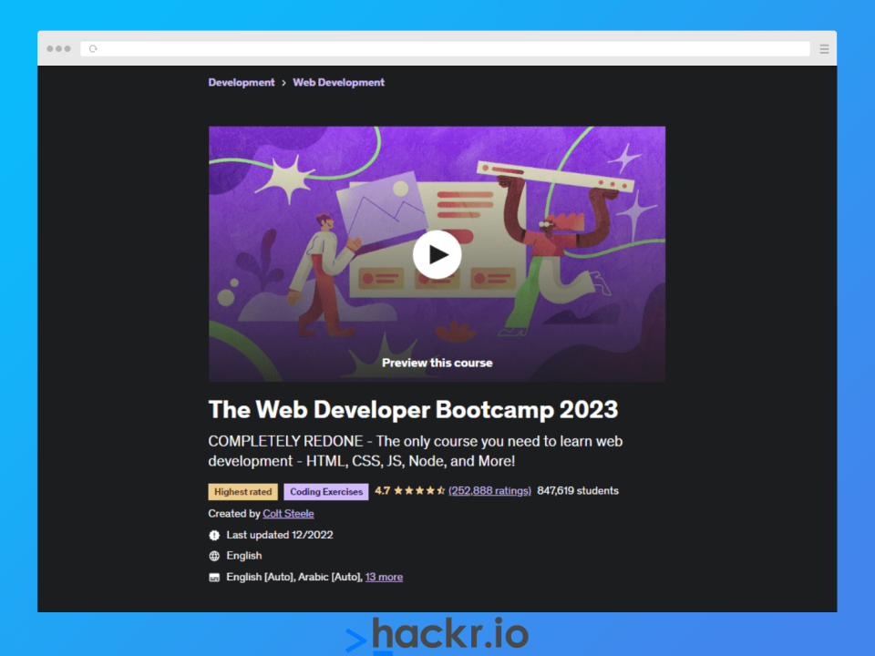The Web Developer Bootcamp 2023 is a course that gets updated with a new version annually.