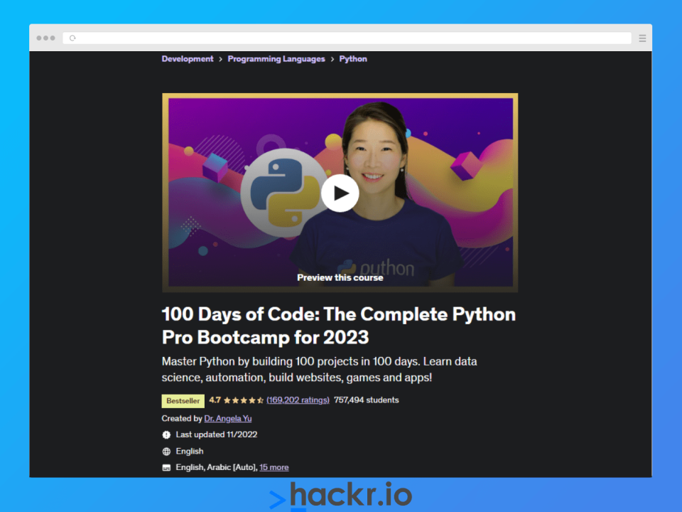 This course allows you to master Python by learning 1 hour every day for 100 days.