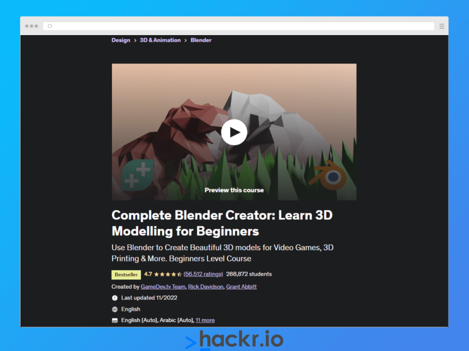 Complete Blender Creator is a highly-rated course that was recently updated.