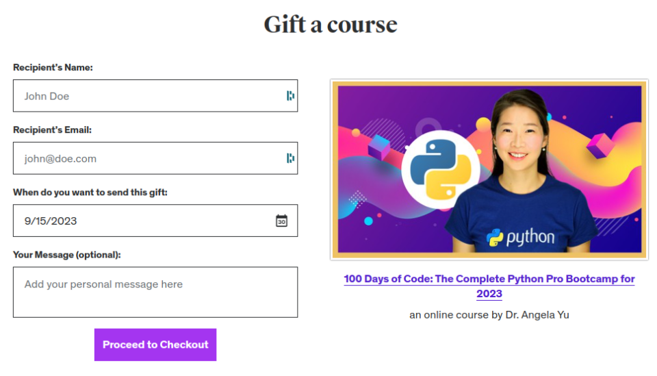 Fill out the form to give a Udemy course as a gift